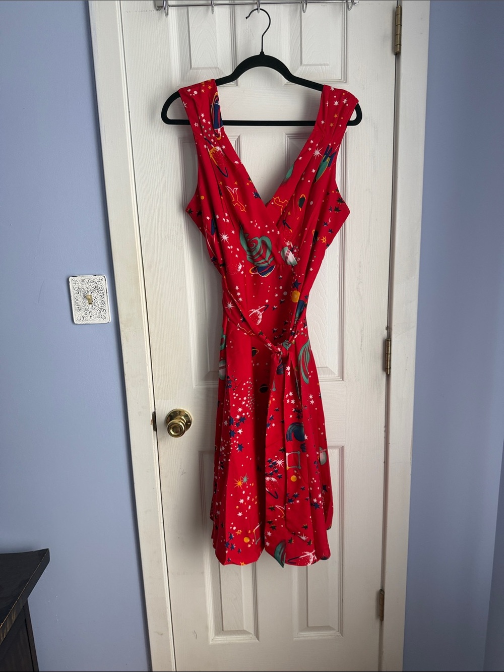 Red Sleeveless V-Neck Wrap Dress with Space Print